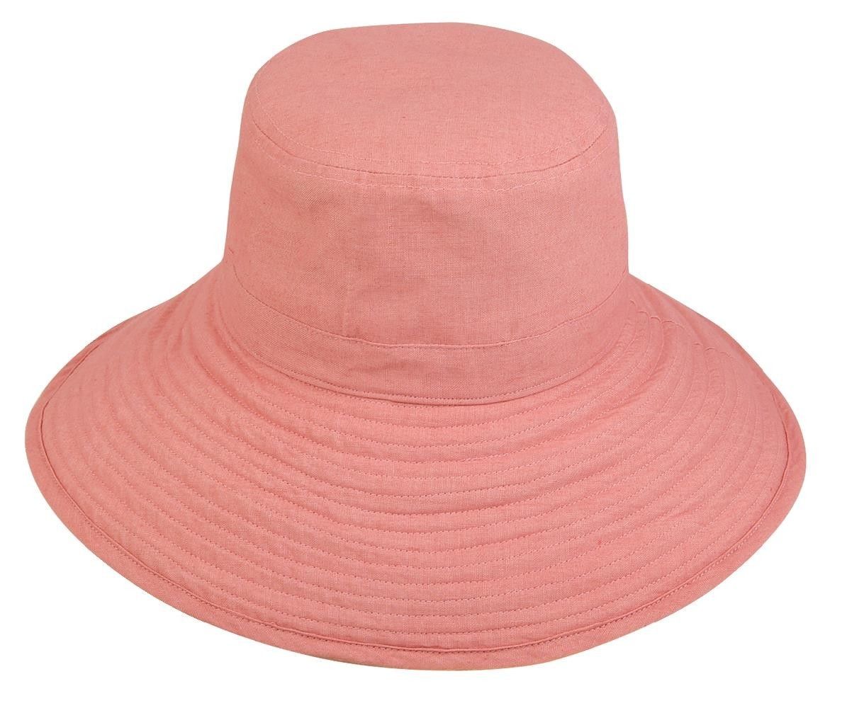Womens Summer Sun Bucket Hats Caps Ramie Cotton Ribbon Ties Sand Salmon-Sand-