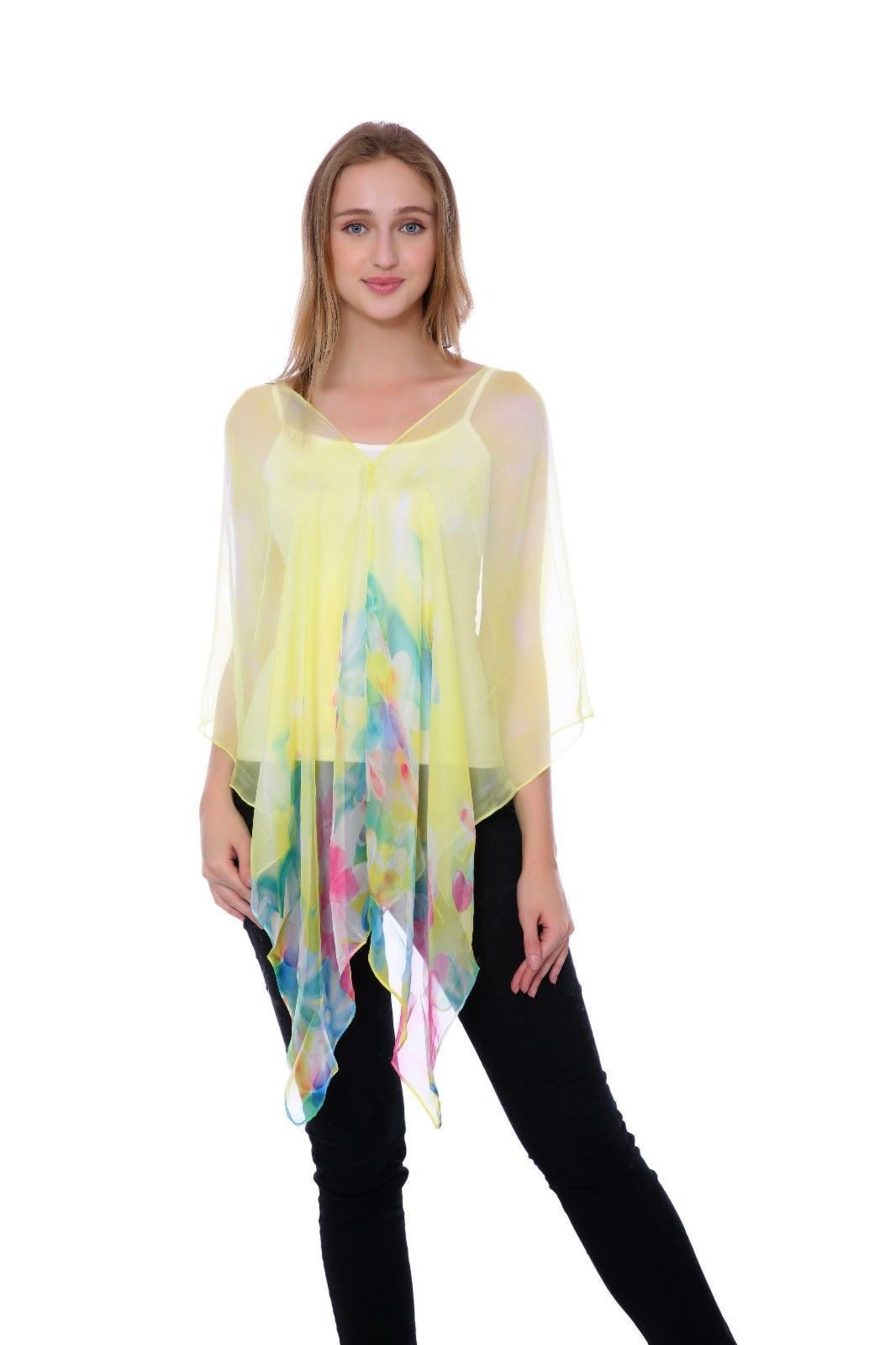 Casaba Womens Floral Sheer Poncho Top Kimono Cover Up-Chiffon Feel Light Wrap-Pink-