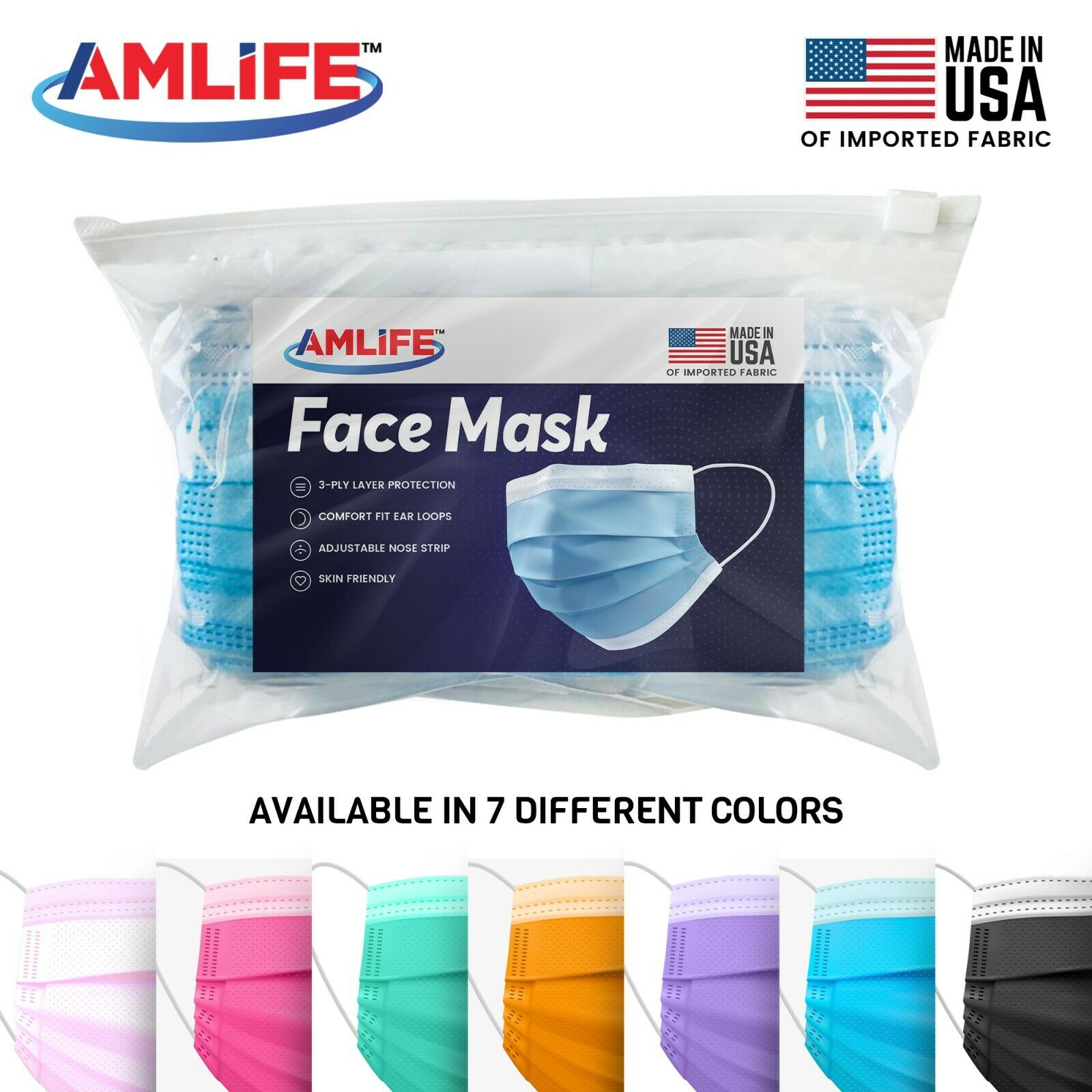 Amlife Face Masks Colorful Adult Made in USA Imported Fabric Pink Magenta Purple Green Orange Blue Black-Pink-10 Pack-