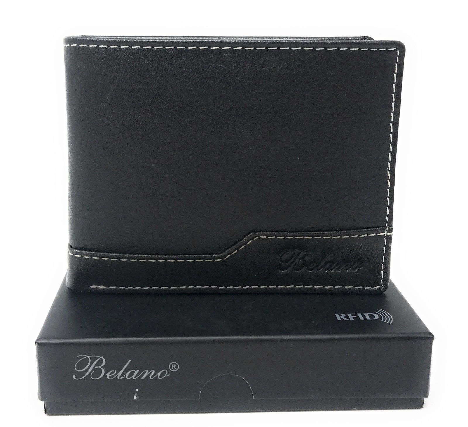 Belano RFID Blocking Real Leather Bifold Wallets for Cards ID with Box Men Women-Black - White Styled Trim-