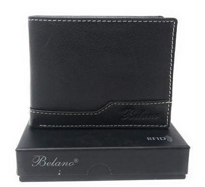Belano RFID Blocking Real Leather Bifold Wallets for Cards ID with Box Men Women-Black - White Styled Trim-