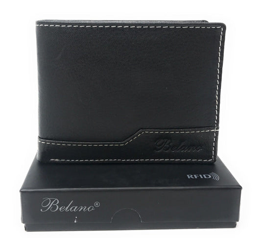 Belano RFID Blocking Real Leather Bifold Wallets for Cards ID with Box Men Women-Black - White Styled Trim-