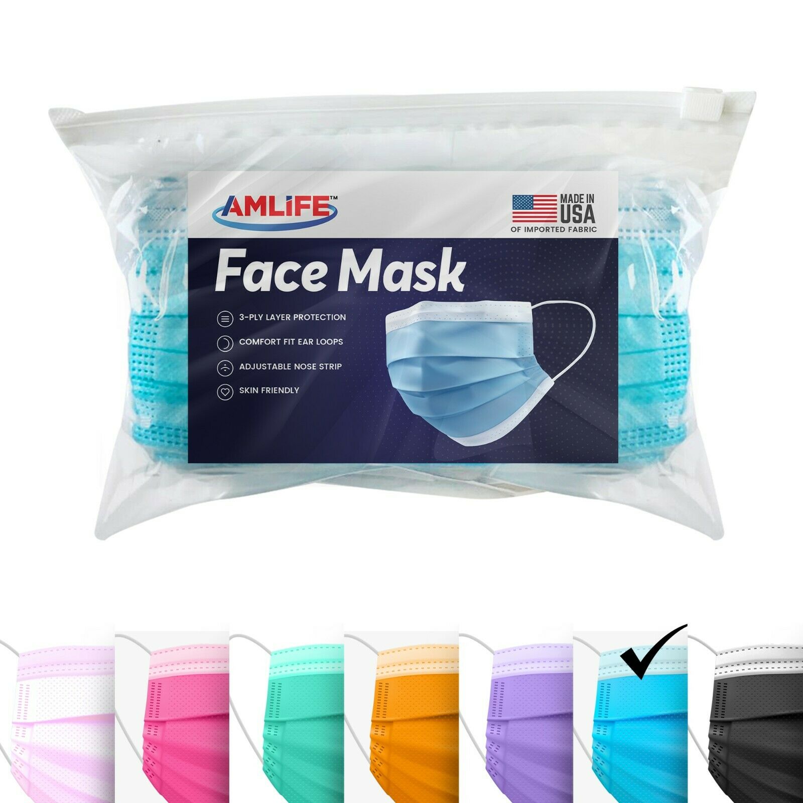 Amlife Face Masks Colorful Adult Made in USA Imported Fabric Pink Magenta Purple Green Orange Blue Black-Pink-10 Pack-