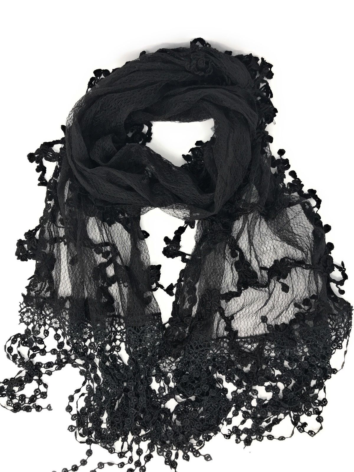 Casaba Womens Formal Lace Crochet Scarves Scarf Shawl Church Bridal Fringe Sheer-Black-
