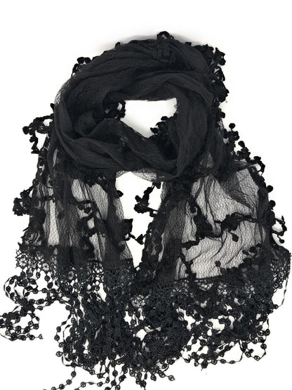 Casaba Womens Formal Lace Crochet Scarves Scarf Shawl Church Bridal Fringe Sheer-Black-