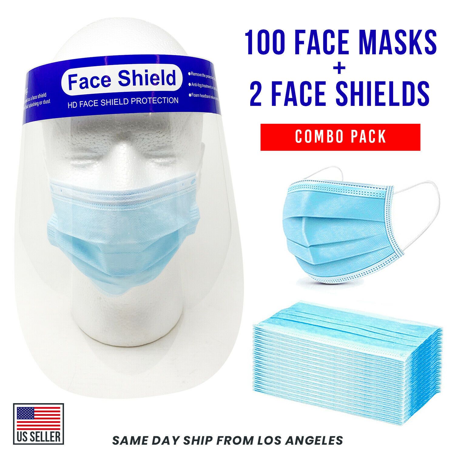 [Combo Pack] 100 Face Mask and 2 Face Shields | 3-Ply Mouth Nose Cover-