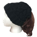 Casaba Womens Ponytail Hair Bun Hole Cuffed Beanie Toboggan Cap Hat Warm Knitted-Black-