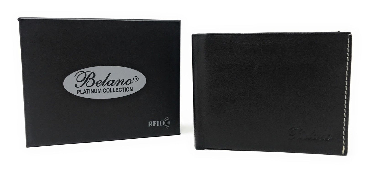 Belano RFID Blocking Real Leather Bifold Wallets for Cards ID with Box Men Women-Black - White Styled Trim-