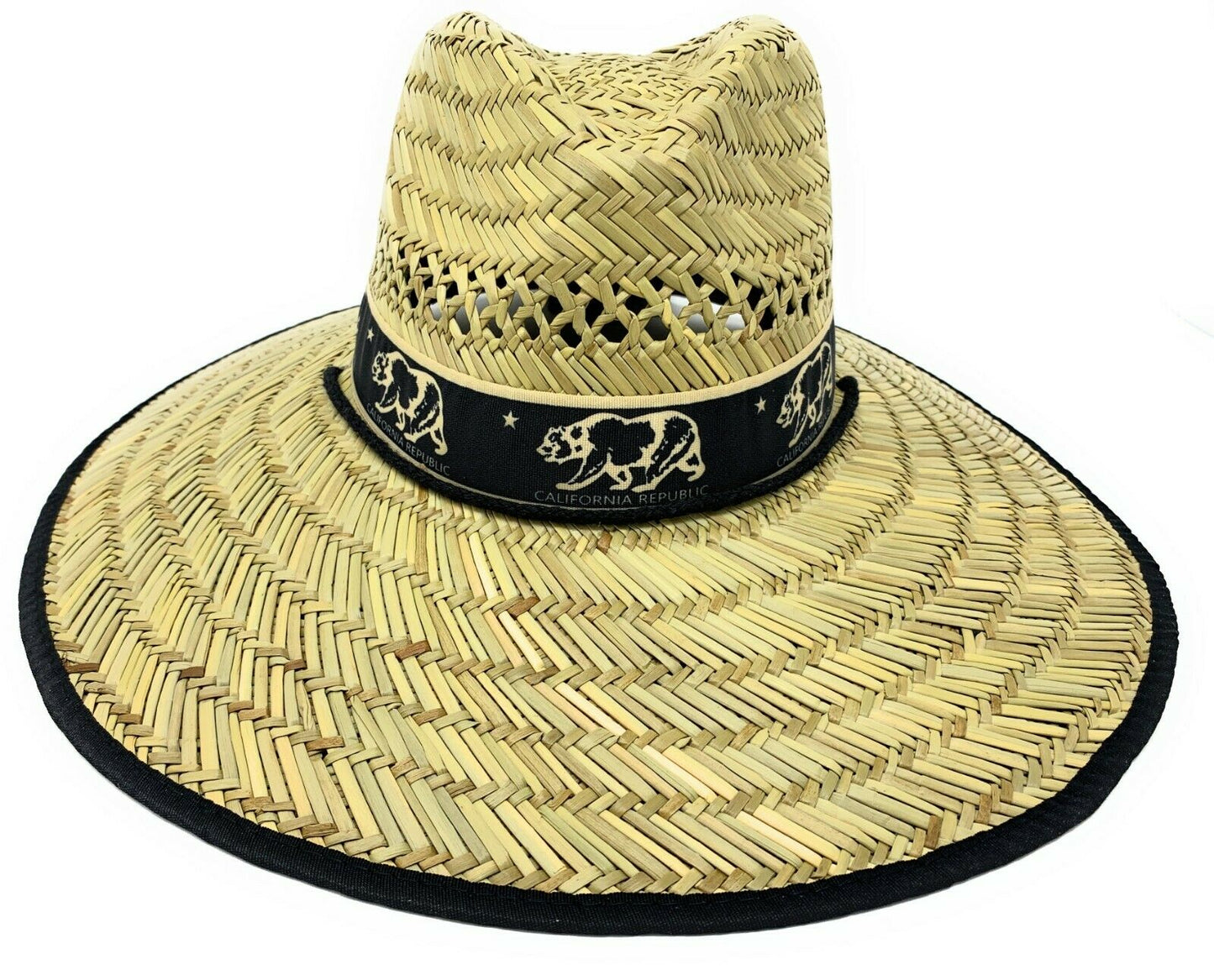 Stylish Straw Hats Caps Lifeguard Sombrero Postal Sun Beach Wide Brim Unisex-California Bear - Black band-