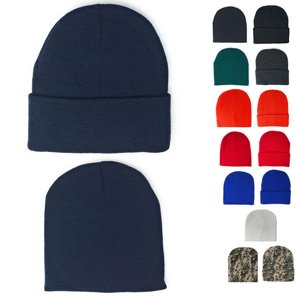 Warm Winter Hat Beanies Long Cuffed Short Uncuffed Solid Colors Camouflage Camo-Black- Uncuffed-
