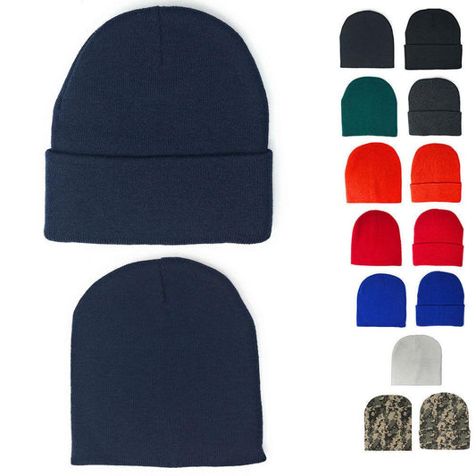 Warm Winter Hat Beanies Long Cuffed Short Uncuffed Solid Colors Camouflage Camo-Black- Uncuffed-