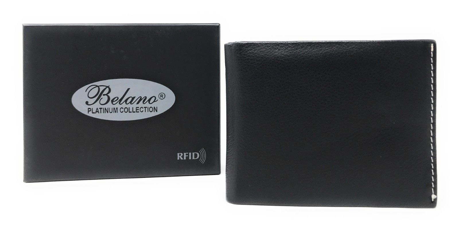 Belano RFID Blocking Real Leather Bifold Wallets for Cards ID with Box Men Women-Black - White Styled Trim-