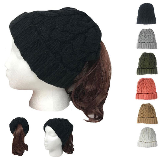 Casaba Womens Ponytail Hair Bun Hole Cuffed Beanie Toboggan Cap Hat Warm Knitted-Black-