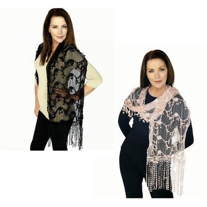 Casaba Womens Formal Lace Crochet Scarves Scarf Shawl Church Bridal Fringe Sheer-Black-