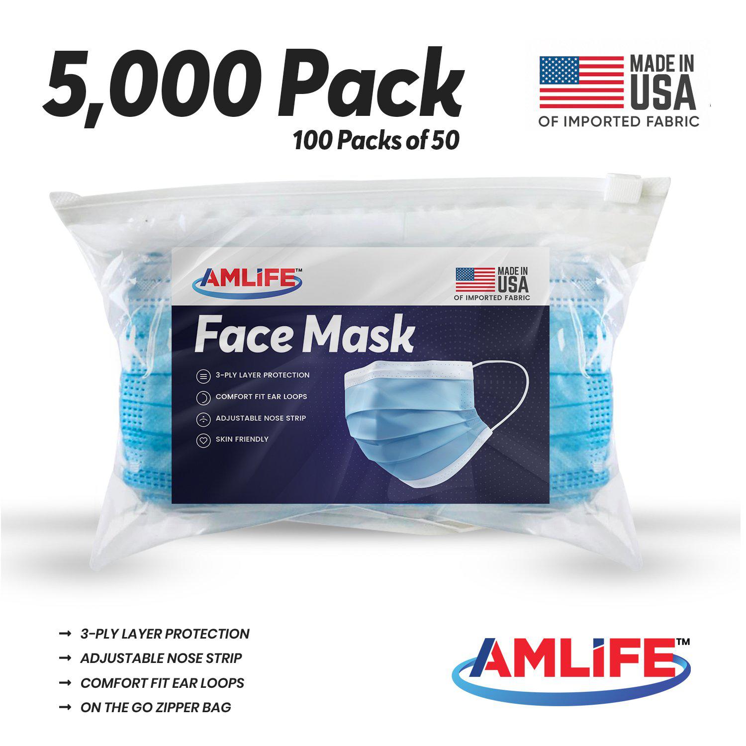 Amlife Case of 5000 Face Masks Blue Color Made in USA Imported Fabric Wholesale Bulk Lot-