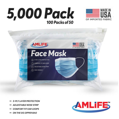 Amlife Case of 5000 Face Masks Blue Color Made in USA Imported Fabric Wholesale Bulk Lot-