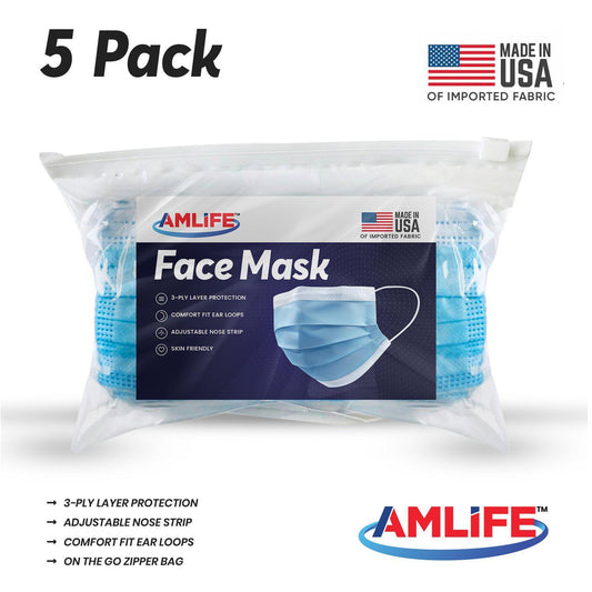 Amlife 5 Pack of Face Masks Blue Made in USA Imported Fabric-