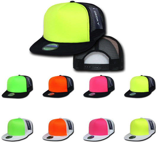6 Lot New Foam Mesh Flat Bill Neon Trucker Hats Hat Cap Two Tone Wholesale Decky-