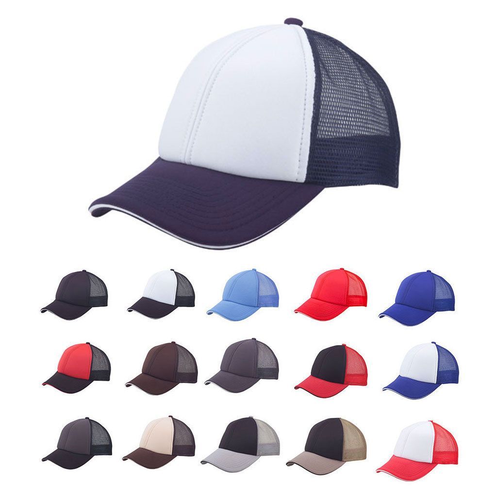 6 Panel Mesh With Sandwich Bill Solid Two Tone Baseball Caps Hats Unisex-Black-