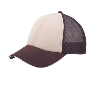 6 Panel Mesh With Sandwich Bill Solid Two Tone Baseball Caps Hats Unisex-Brown/Beige-
