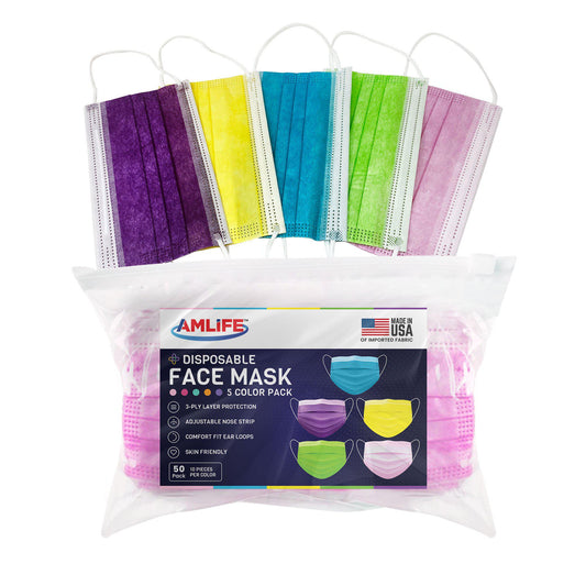 Amlife Face Mask Packs Disposable 3-Ply Filter - Made in USA with Imported Fabric - 5 Multi-Color-50 PACK-