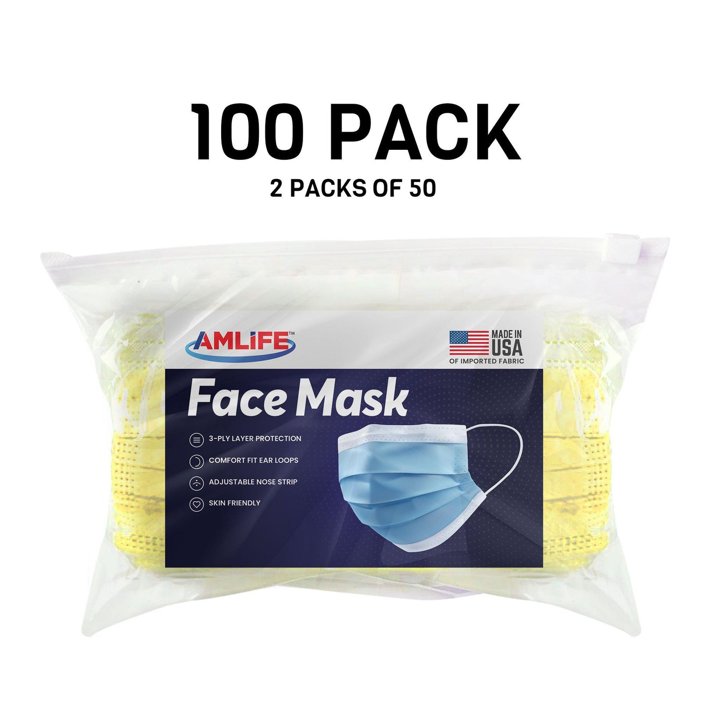 Amlife Face Mask Packs Disposable 3-Ply Filter - Made in USA with Imported Fabric - Yellow-100 PACK-