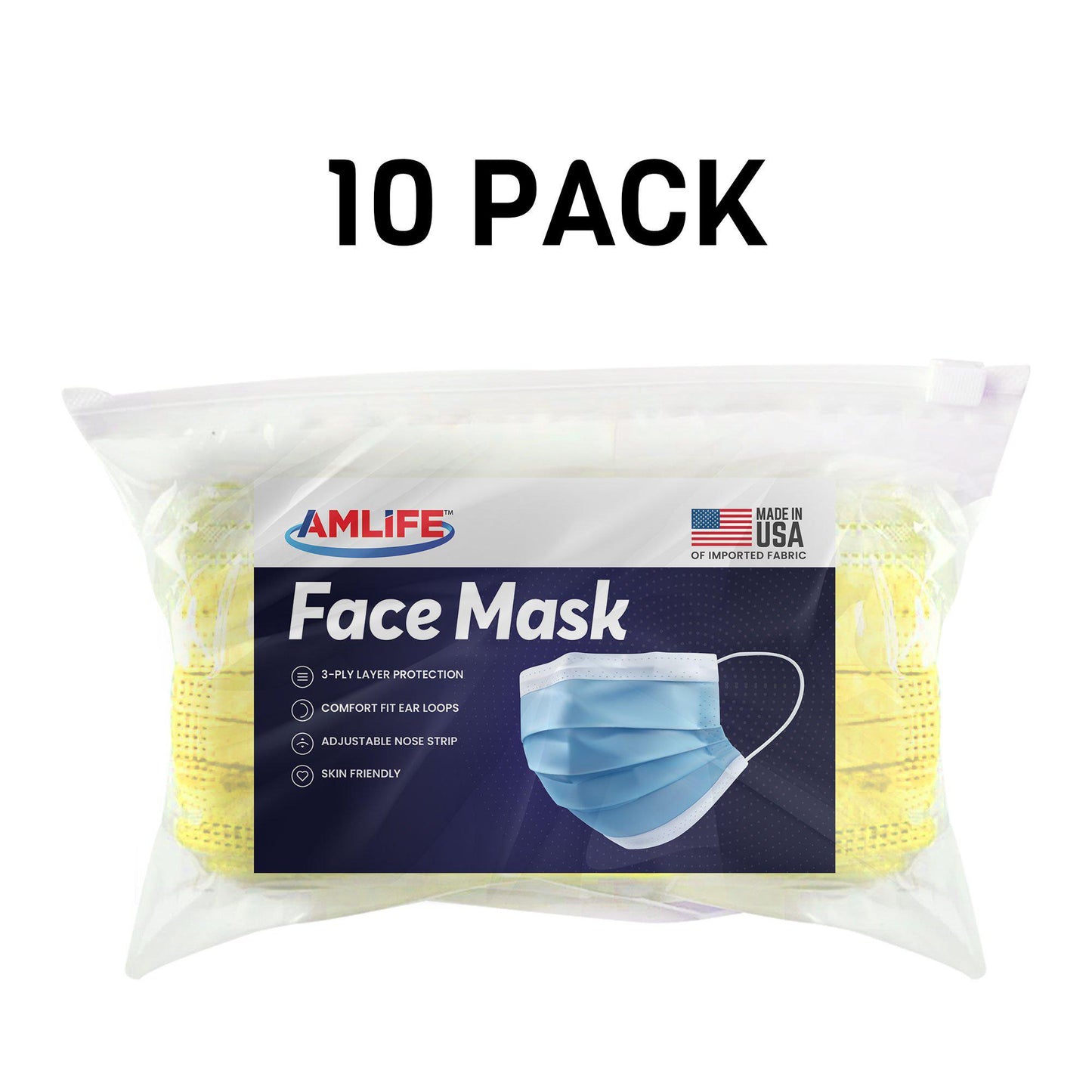 Amlife Face Mask Packs Disposable 3-Ply Filter - Made in USA with Imported Fabric - Yellow-10 PACK-