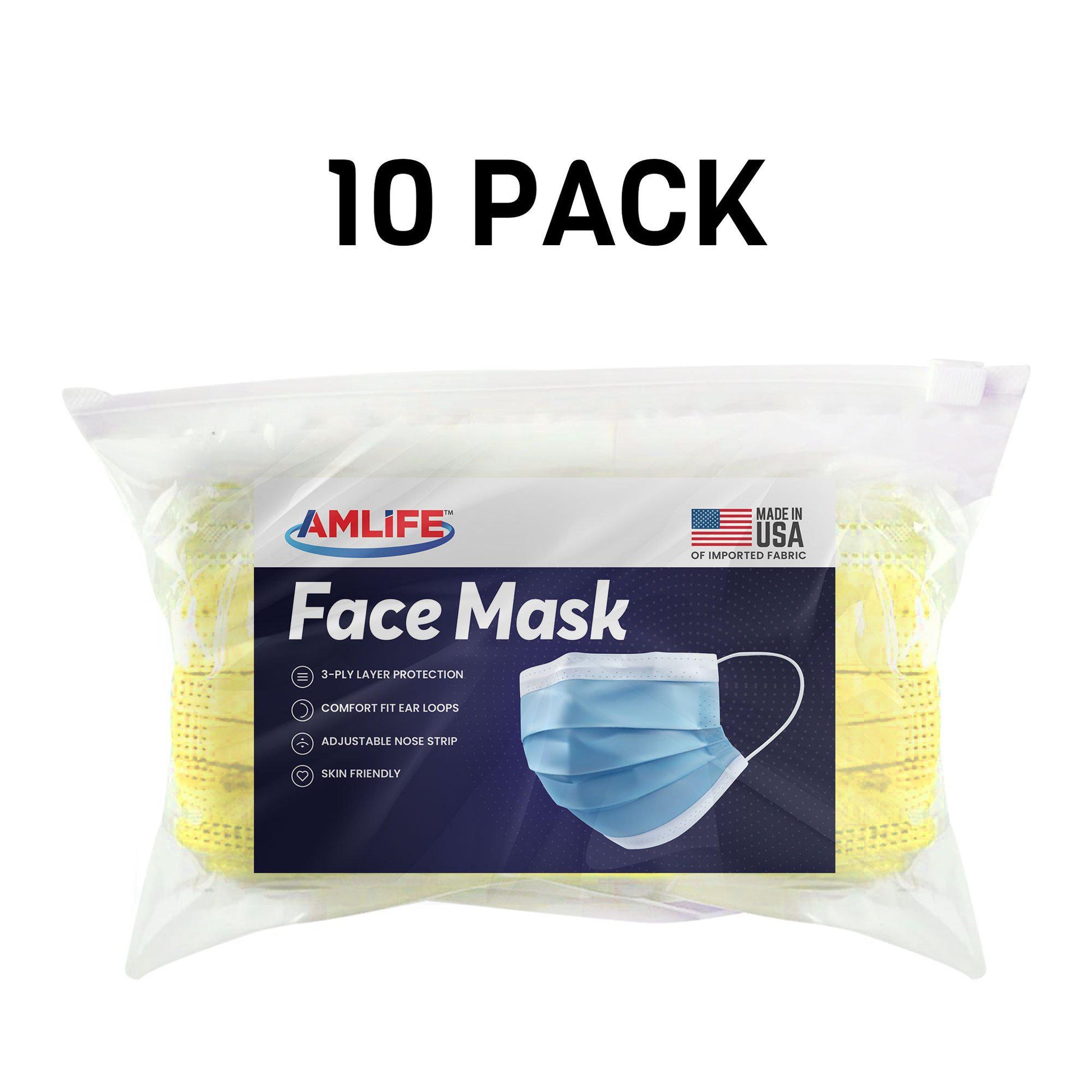 Amlife Face Mask Packs Disposable 3-Ply Filter - Made in USA with Imported Fabric - Yellow-10 PACK-