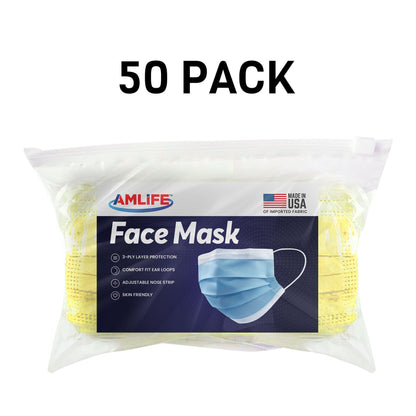 Amlife Face Mask Packs Disposable 3-Ply Filter - Made in USA with Imported Fabric - Yellow-50 PACK-