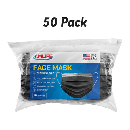 AMLIFE 50 Pack Black Face Masks 3-Ply Filter - Made in USA with Imported Fabric-