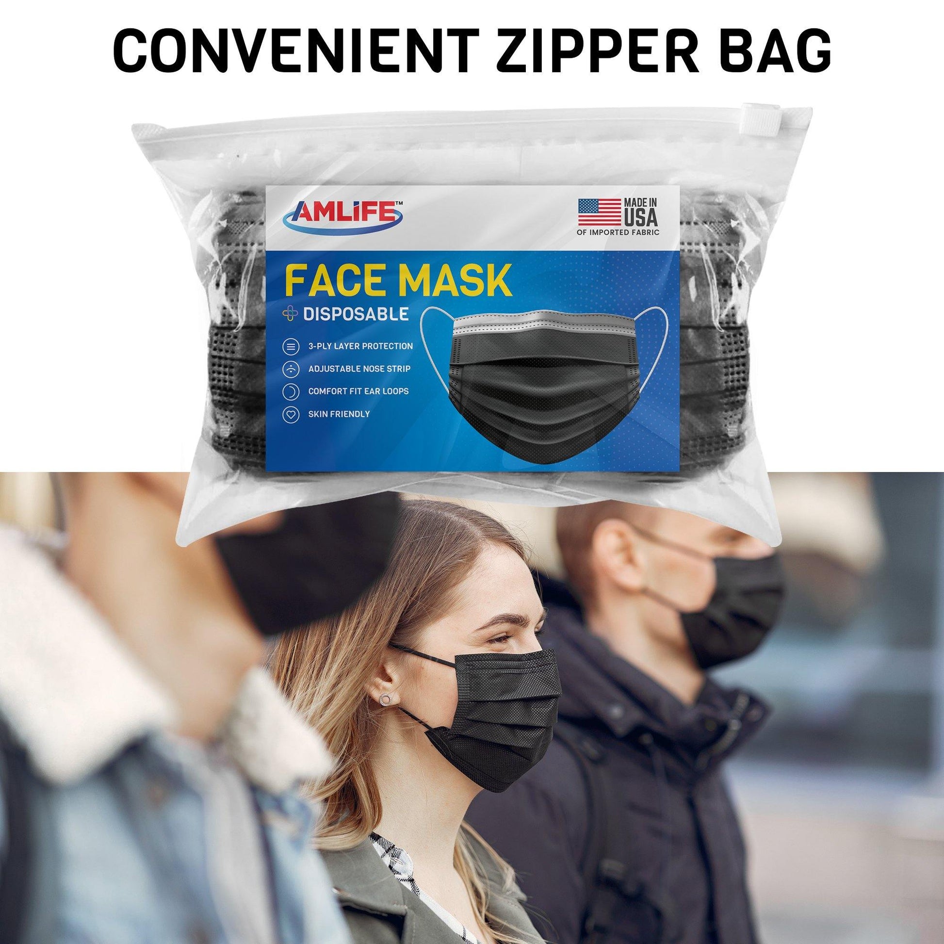 AMLIFE 50 Pack Black Face Masks 3-Ply Filter - Made in USA with Imported Fabric-