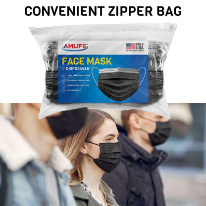AMLIFE 50 Pack Black Face Masks 3-Ply Filter - Made in USA with Imported Fabric-