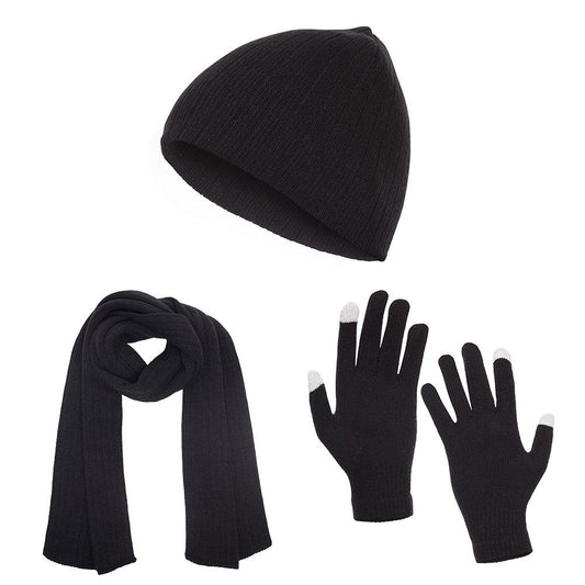 Casaba Winter 3 Piece Gift Set Beanie Hat Scarf Touchscreen Gloves Cable Knit for Men Women-Black-