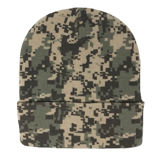 Digital Pixel Camo Camouflage Warm Winter Beanies-LONG CUFFED-KNIT D 014 GRAY PIXEL CAMO-