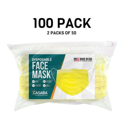 Casaba Face Mask Packs Disposable 3-Ply Filter - Made in USA with Imported Fabric - Yellow-100 PACK-