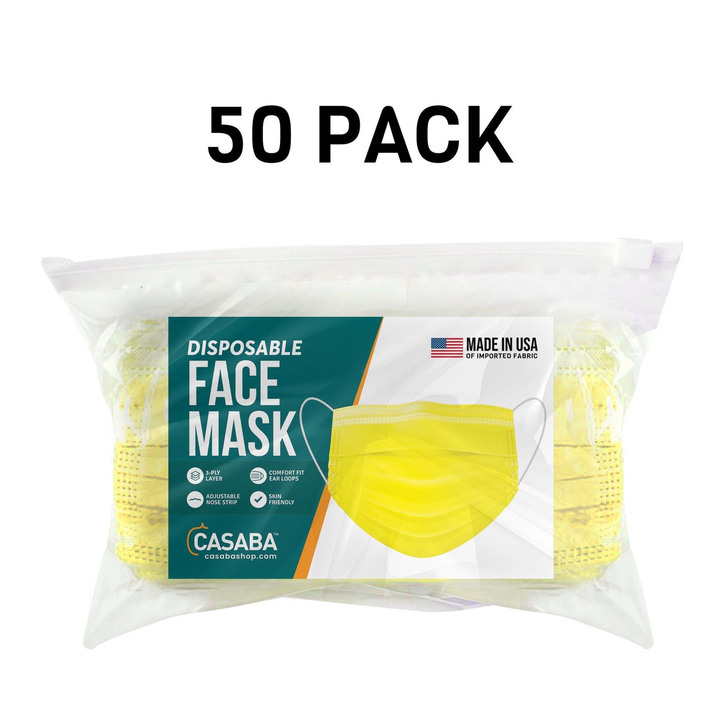 Casaba Face Mask Packs Disposable 3-Ply Filter - Made in USA with Imported Fabric - Yellow-50 PACK-