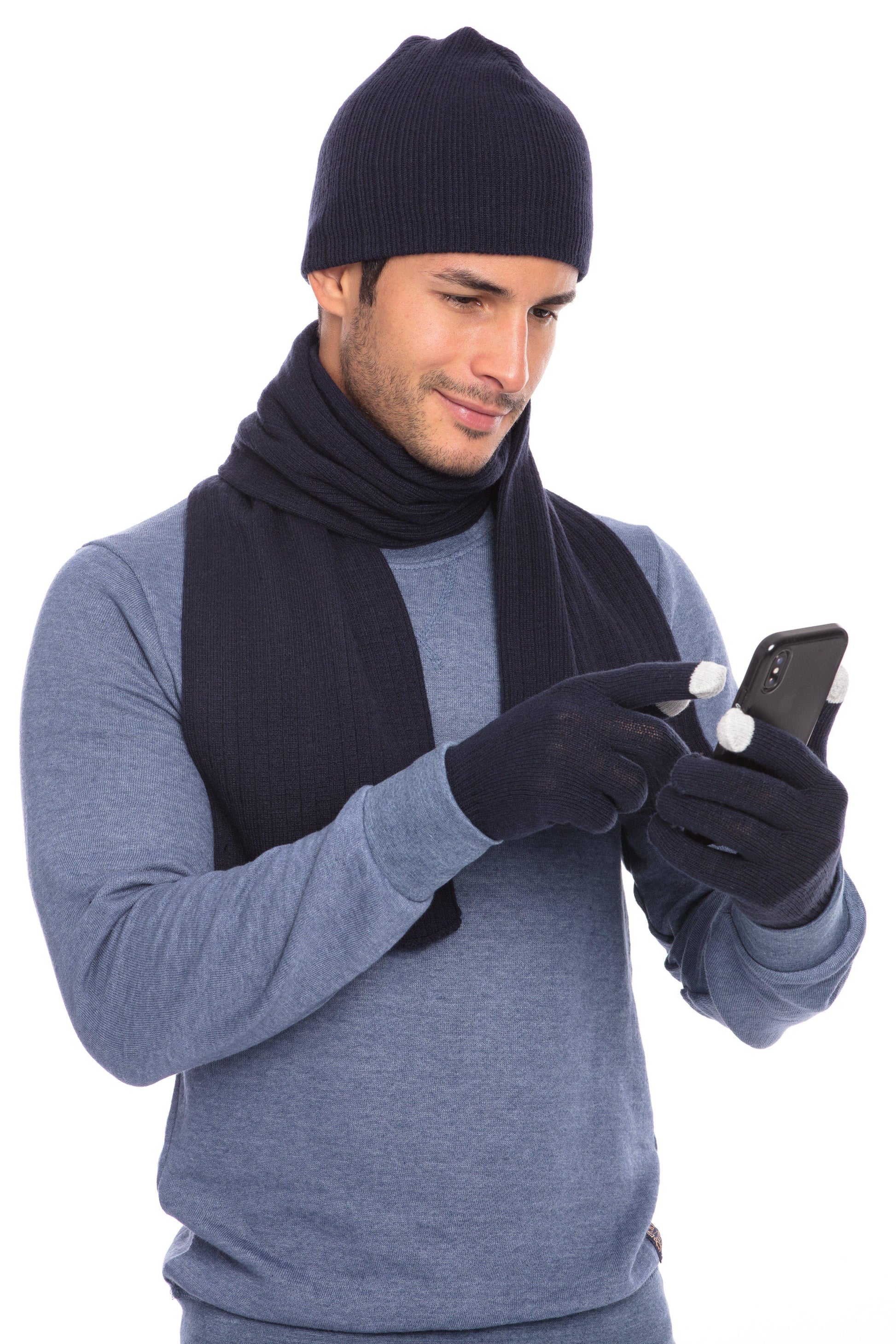 Casaba Winter 3 Piece Gift Set Beanie Hat Scarf Touchscreen Gloves Cable Knit for Men Women-Navy-