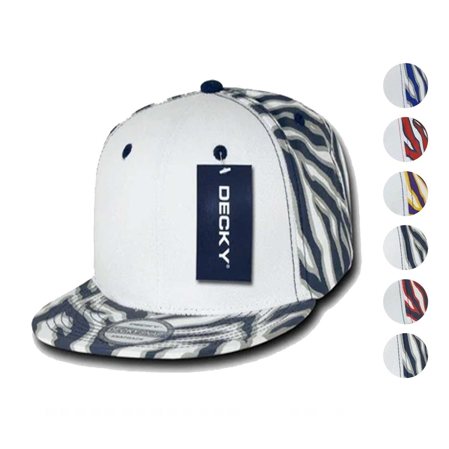 Decky Zebra White Front Animal Print Flat Bill Baseball Hats Caps-BLACK / WHITE FRONT-