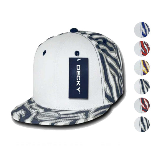 Decky Zebra White Front Animal Print Flat Bill Baseball Hats Caps-BLACK / WHITE FRONT-