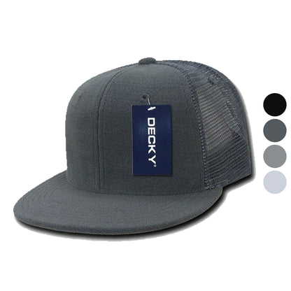 Decky 6 Panel Flat Bill Terry Trucker Hats Caps High Crown Snapback-Black-
