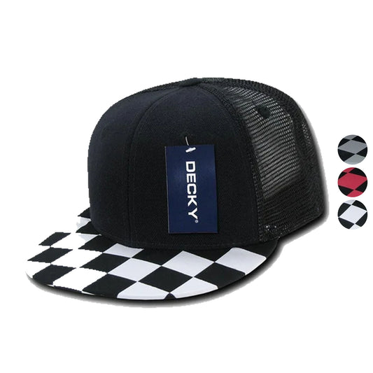 1 Dozen Decky 6 Panel Flat Bill Checkered Trucker Race Flag Hats Caps Wholesale Lots-