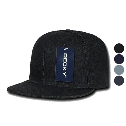 Decky Denim High Crown Snapback Cotton 6 Panel Flat Bill Hats Caps-Black-
