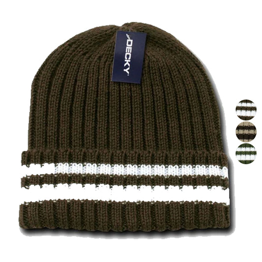 Decky Sweater Beanies Striped Thick Ribbing Knitted Skull Ski Winter Caps Hats-Brown-