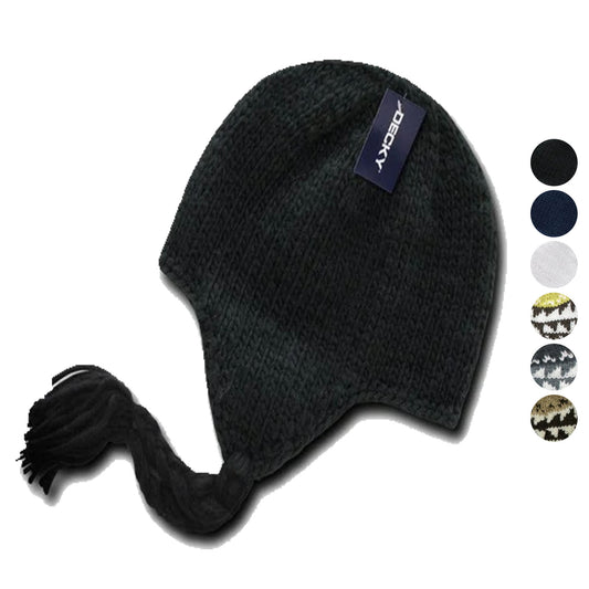 Decky Warm Winter Peruvian Knit Beanies Braided Ear Tails Chullo Caps Hats-Black (Solid)-