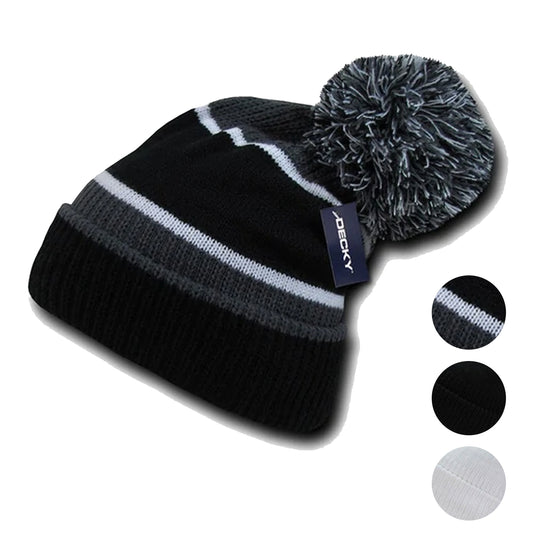 Decky Giant Pom Beanies Uncuffed Fuzzy Ball On The Top Warm Caps Hats Ski Winter-Grey/Black-