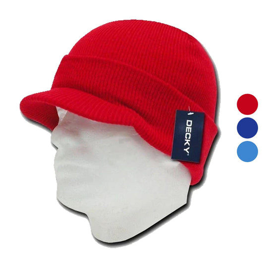 Decky Visor Beanie Cuffed Knit Caps Hats Ski Skull Red Royal Sky Unisex-Red-