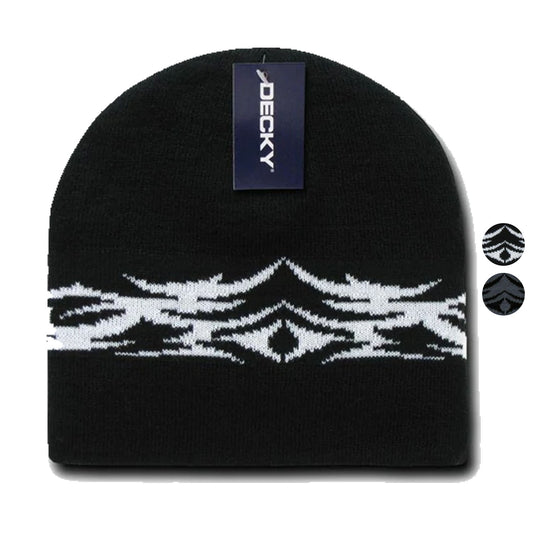 Decky Tribal Design Beanies Caps Hats Knitted Ski Skull Winter Black Charcoal-Black/White-