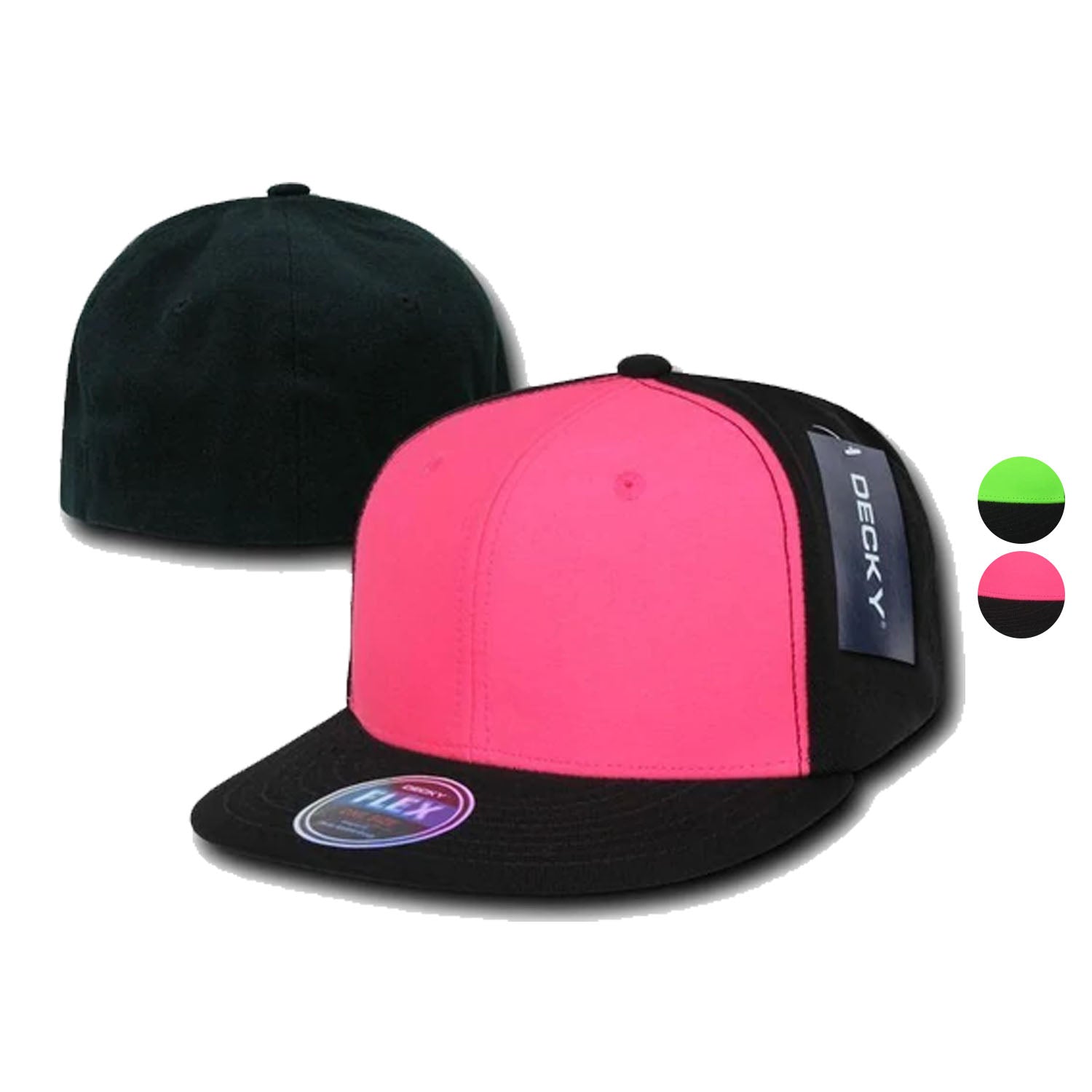 Decky Blank Retro Neon Flat Bill Flex Fit Fitted Baseball Hats Caps-Neon Green/Black-