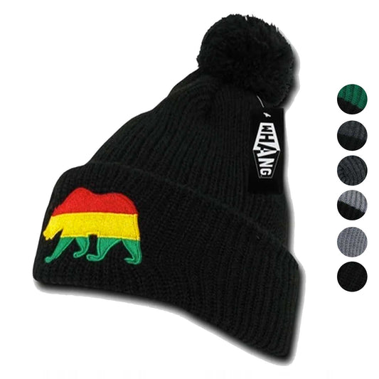 Whang California Republic Cali Bear Cuff Pom Rasta Warm Winter Beanies Hats Caps-Black-