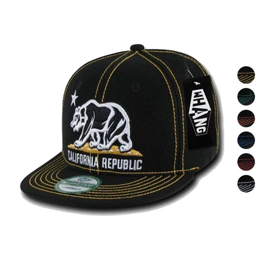 California Republic Cali Bear Contra Stitch Flat Bill Snapback Caps Hats-Black / Gold-